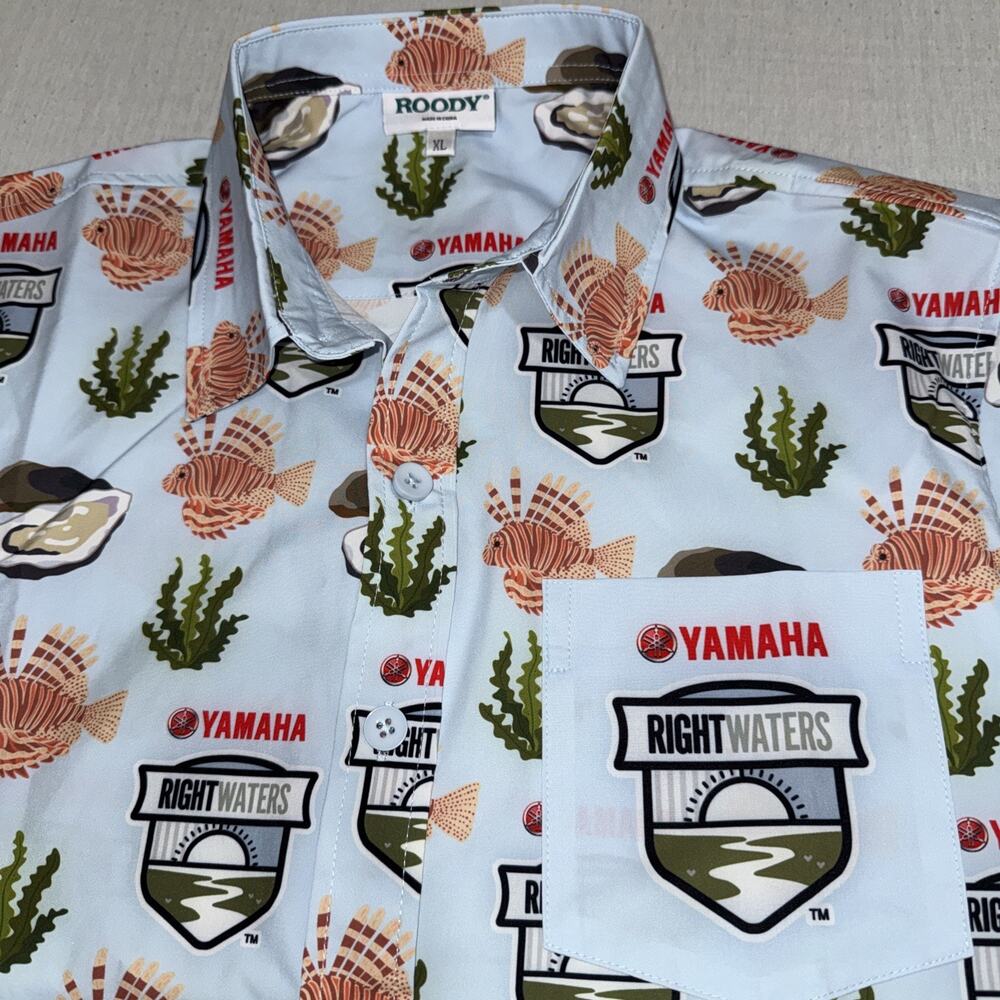 Roody Yamaha Logo Button Up Shirt Marine Theme Fun Graphics Fish Clams XL EUC